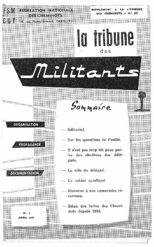 La Tribune des militants, n° 4, supplément au n° 267 de La Tribune des cheminots, Avril 1962