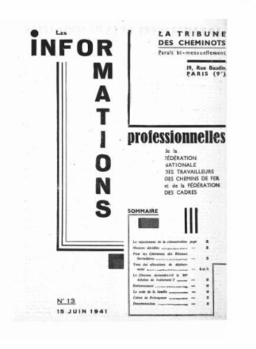 La Tribune des cheminots : les informations professionnelles de la Fédération nationale des travailleurs des chemins de fer, n° 13, 15 juin 1941