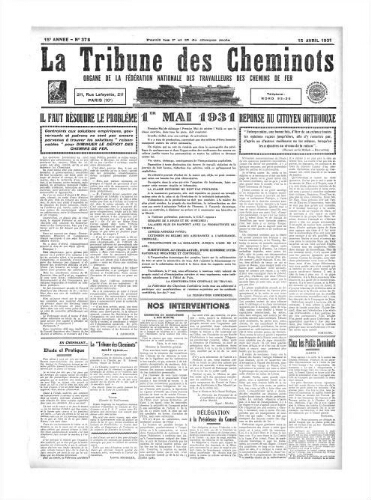 La Tribune des cheminots [confédérés], n° 378, 15 avril 1931