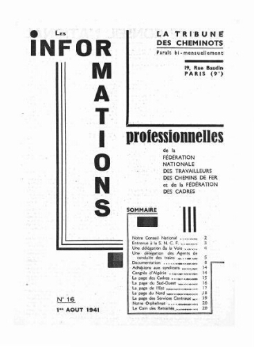La Tribune des cheminots : les informations professionnelles de la Fédération nationale des travailleurs des chemins de fer, n° 16, 1er août 1941