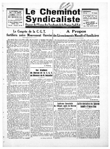 Le Cheminot syndicaliste, n° 323 (n° 23 de l'année 1938), 10 novembre 1938
