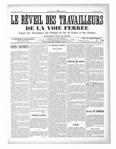 Le Réveil des travailleurs de la voie ferrée, n° 148, 9 septembre 1895