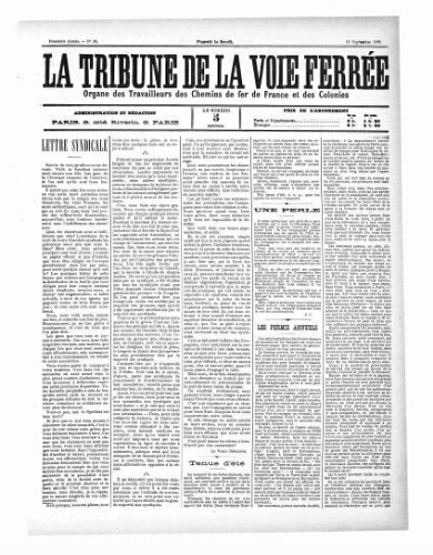La Tribune de la voie ferrée, n° 28, 12 septembre 1898