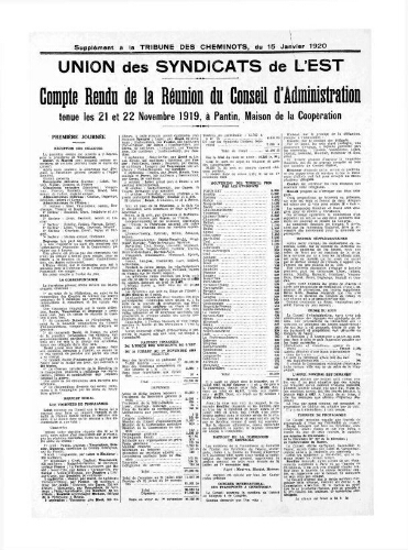 La Tribune des cheminots, supplément au n° 59, 15 janvier 1920