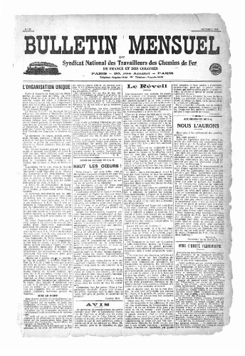 Bulletin mensuel du syndicat national des travailleurs des chemins de fer de France et des colonies, n° 27, Octobre 1916