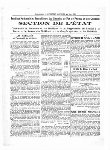 Bulletin mensuel du syndicat national des travailleurs des chemins de fer de France et des colonies, supplément au n° 10, Mai 1915