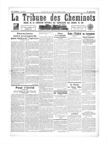 La Tribune des cheminots [confédérés], n° 454, 15 juin 1934
