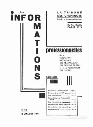La Tribune des cheminots : les informations professionnelles de la Fédération nationale des travailleurs des chemins de fer, n° 15, 15 juillet 1941